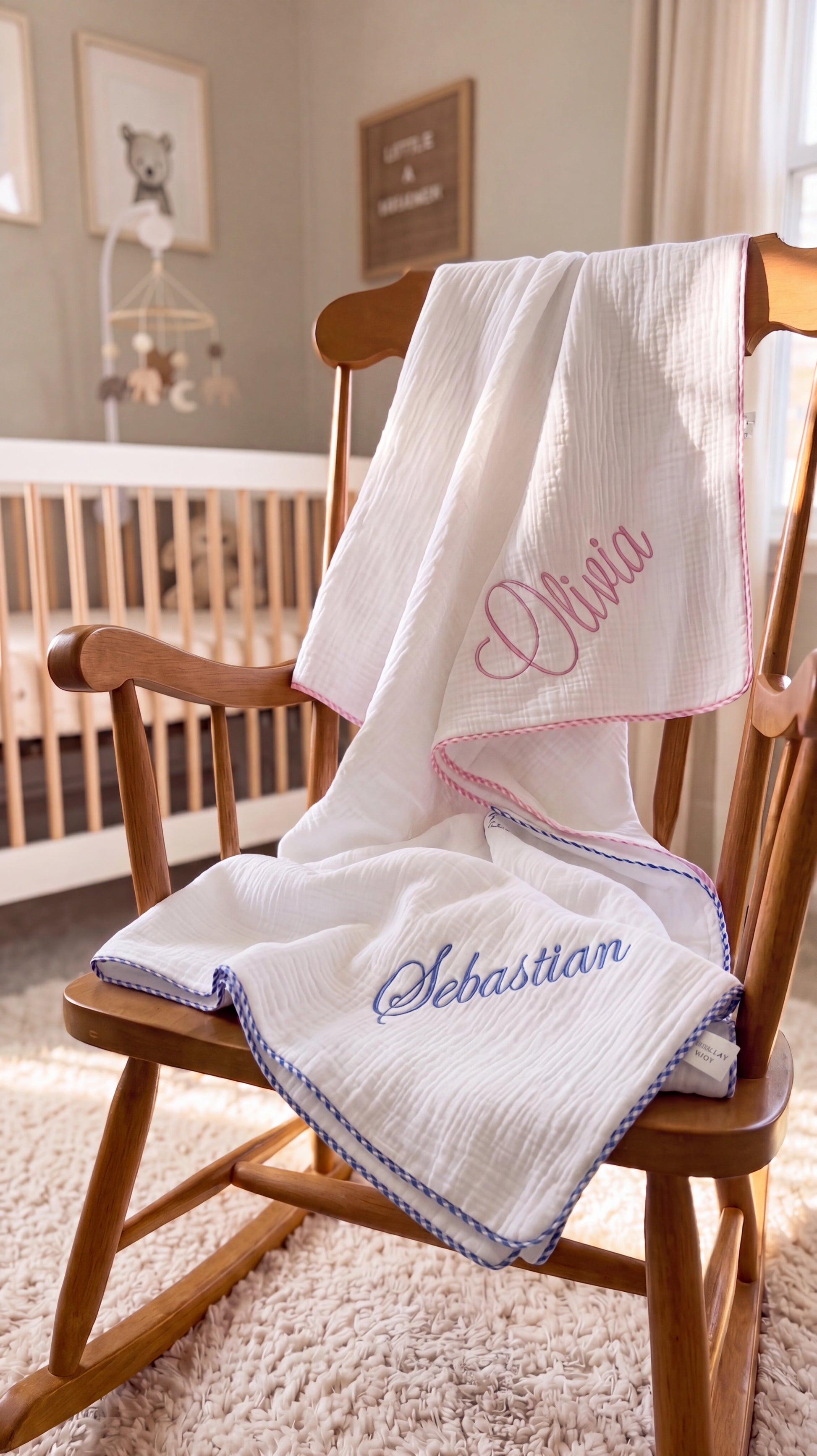 Muslin Pacifier Lovey, Burp Cloth and Blanket 3-Piece Set styled lifestyle shot