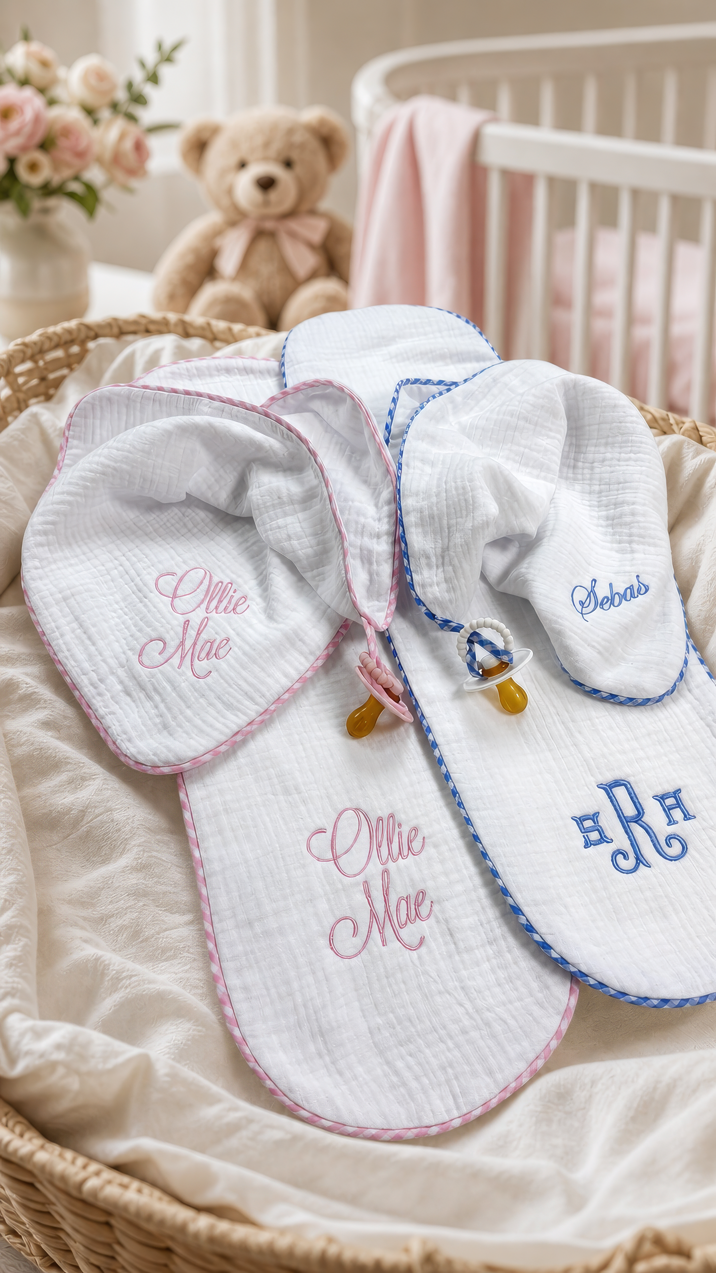 Muslin Pacifier Lovey, Burp Cloth and Blanket 3-Piece Set styled lifestyle shot in pink gingham
