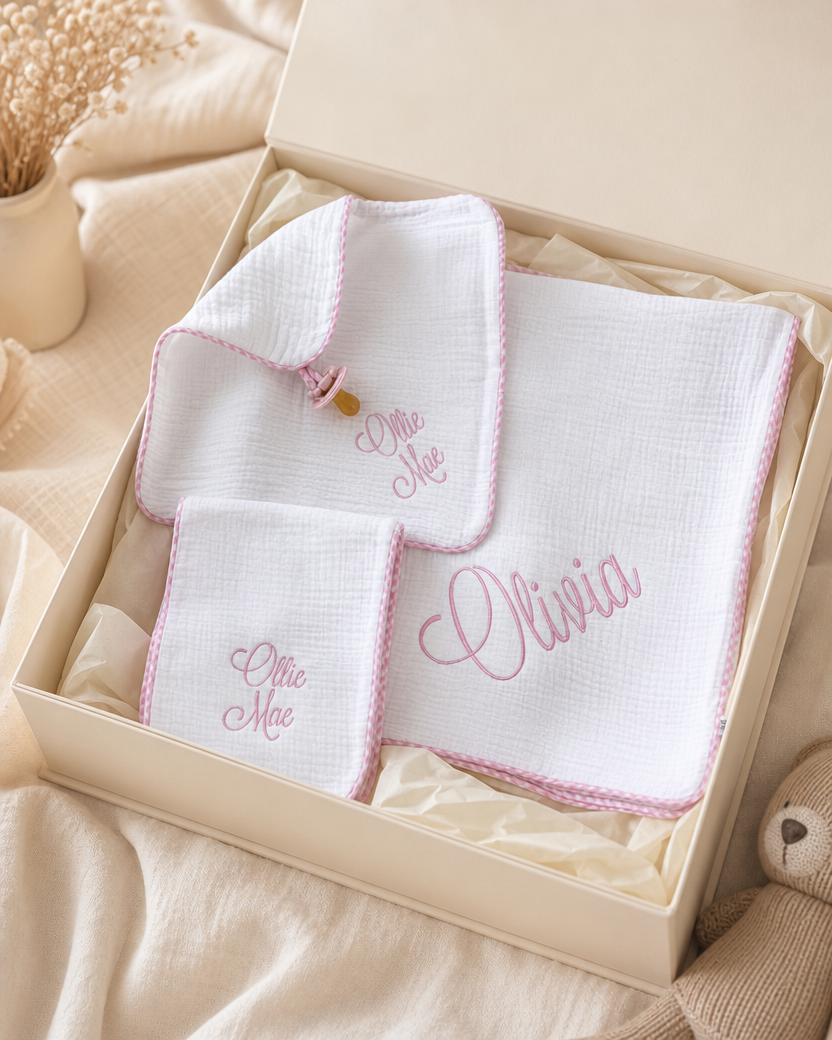 Muslin Pacifier Lovey, Burp Cloth and Blanket 3-Piece Set in pink gingham trim