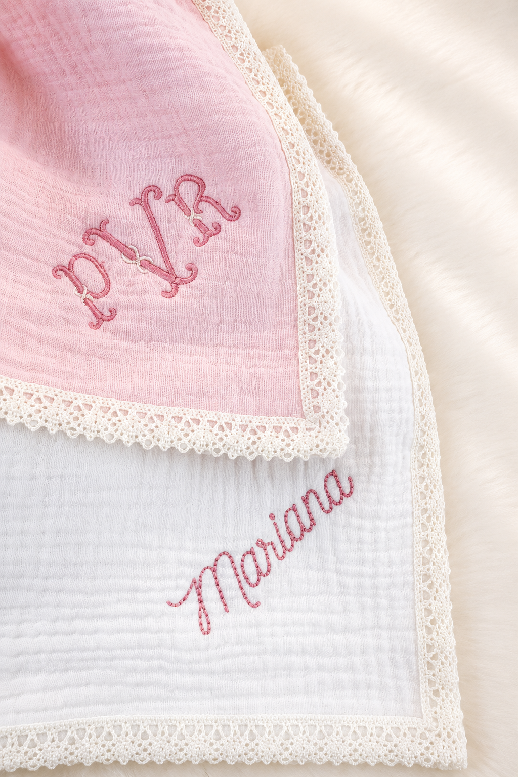 Muslin Pacifier Lovey with Lace Trim shown holding a pacifier