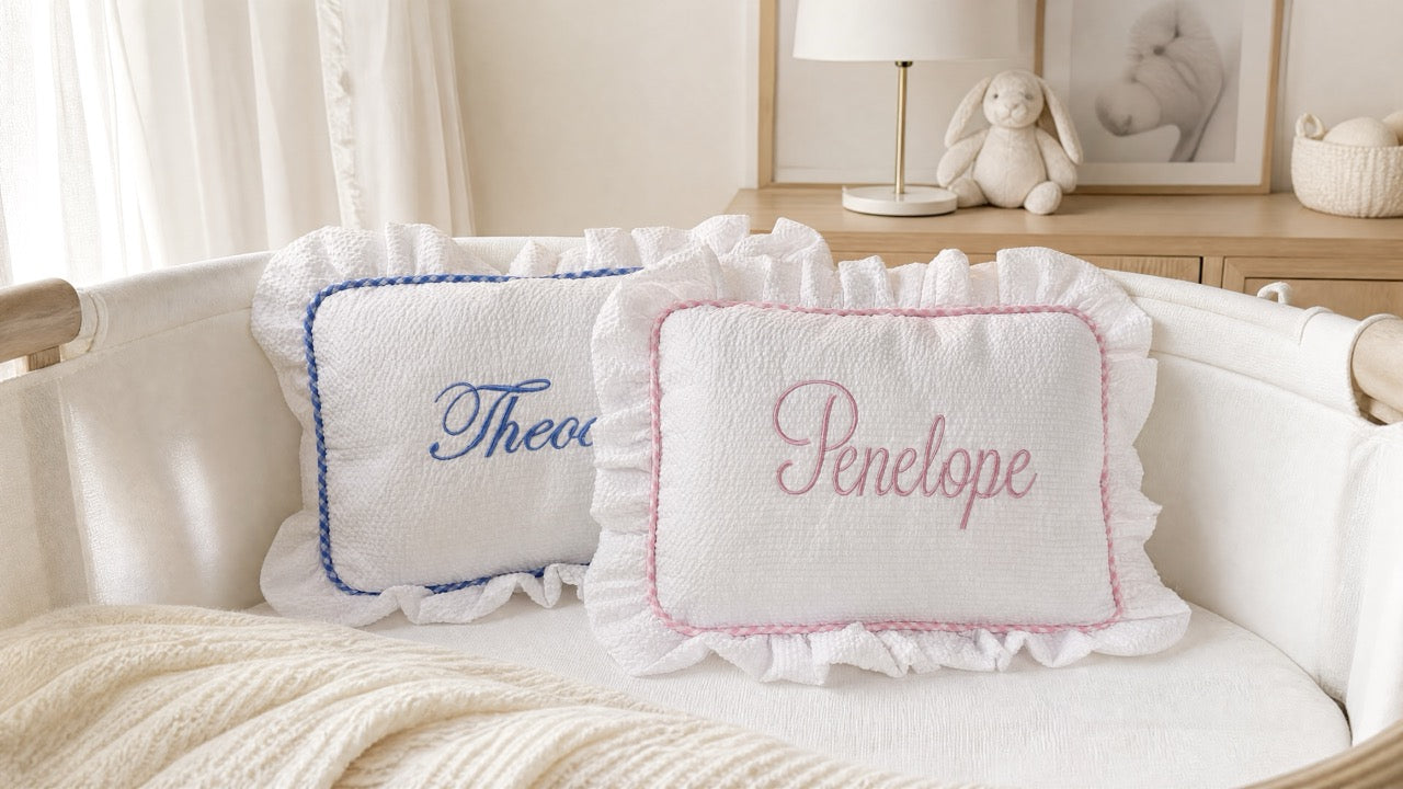 Baby Name Keepsake Pillow with gingham trim, front view