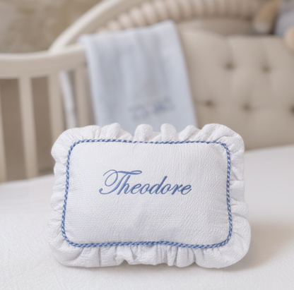 Baby Name Keepsake Pillow styled in nursery setting