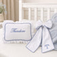 Baby Name Keepsake Pillow with gingham trim, styled lifestyle shot