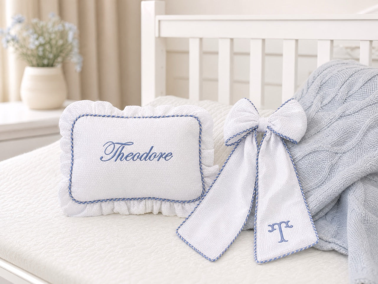 Baby Name Keepsake Pillow with gingham trim, styled lifestyle shot