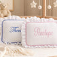 Baby Name Keepsake Pillow showing gingham trim and seersucker texture
