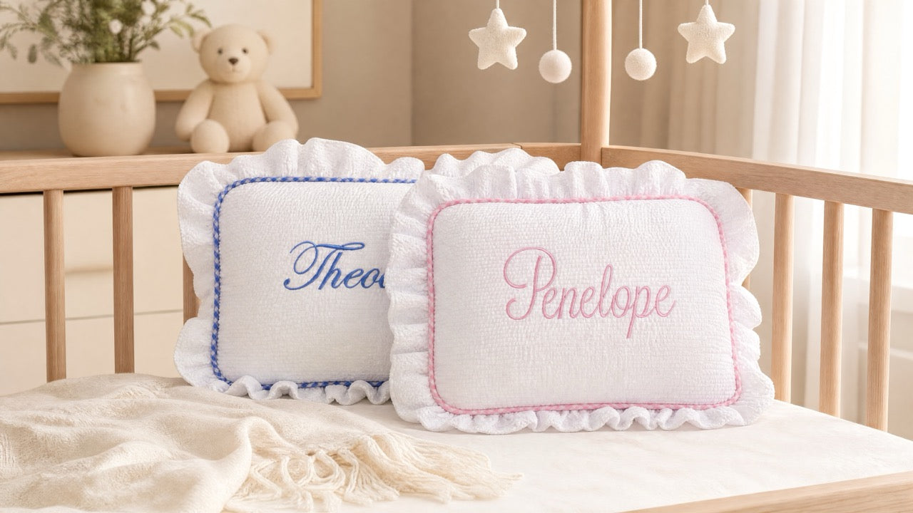 Baby Name Keepsake Pillow showing gingham trim and seersucker texture