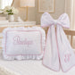 Close-up of the pre-made bow on the Baby Name Pillow and Bow Sash Set