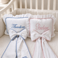 Baby Name Pillow and Bow Sash Set in gingham trim, styled together
