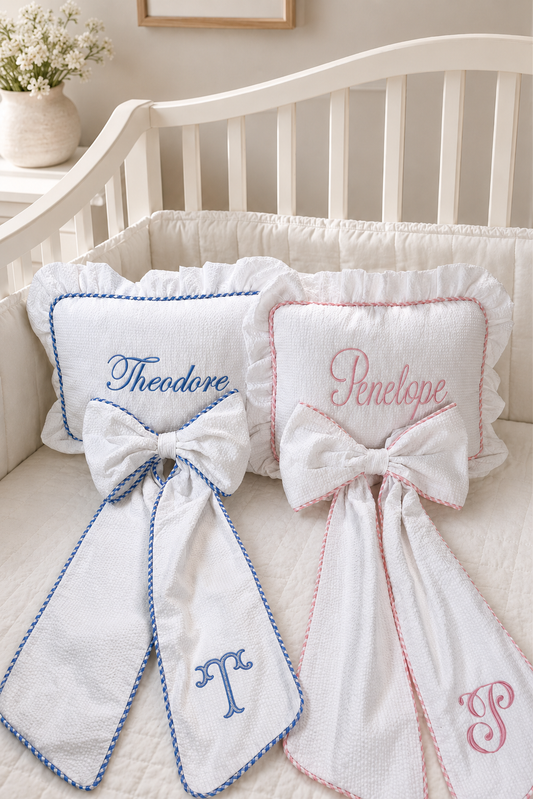 Baby Name Pillow and Bow Sash Set in gingham trim, styled together