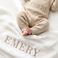 Personalized classic knit baby blanket with embroidered name in Emery colorway