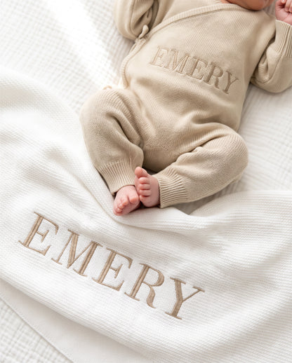 Personalized classic knit baby blanket with embroidered name in Emery colorway