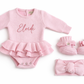 Personalized Petal Pink baby romper (onesie style) with embroidered name for newborn girls