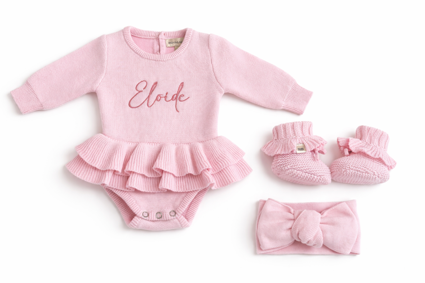 Personalized Petal Pink baby romper (onesie style) with embroidered name for newborn girls