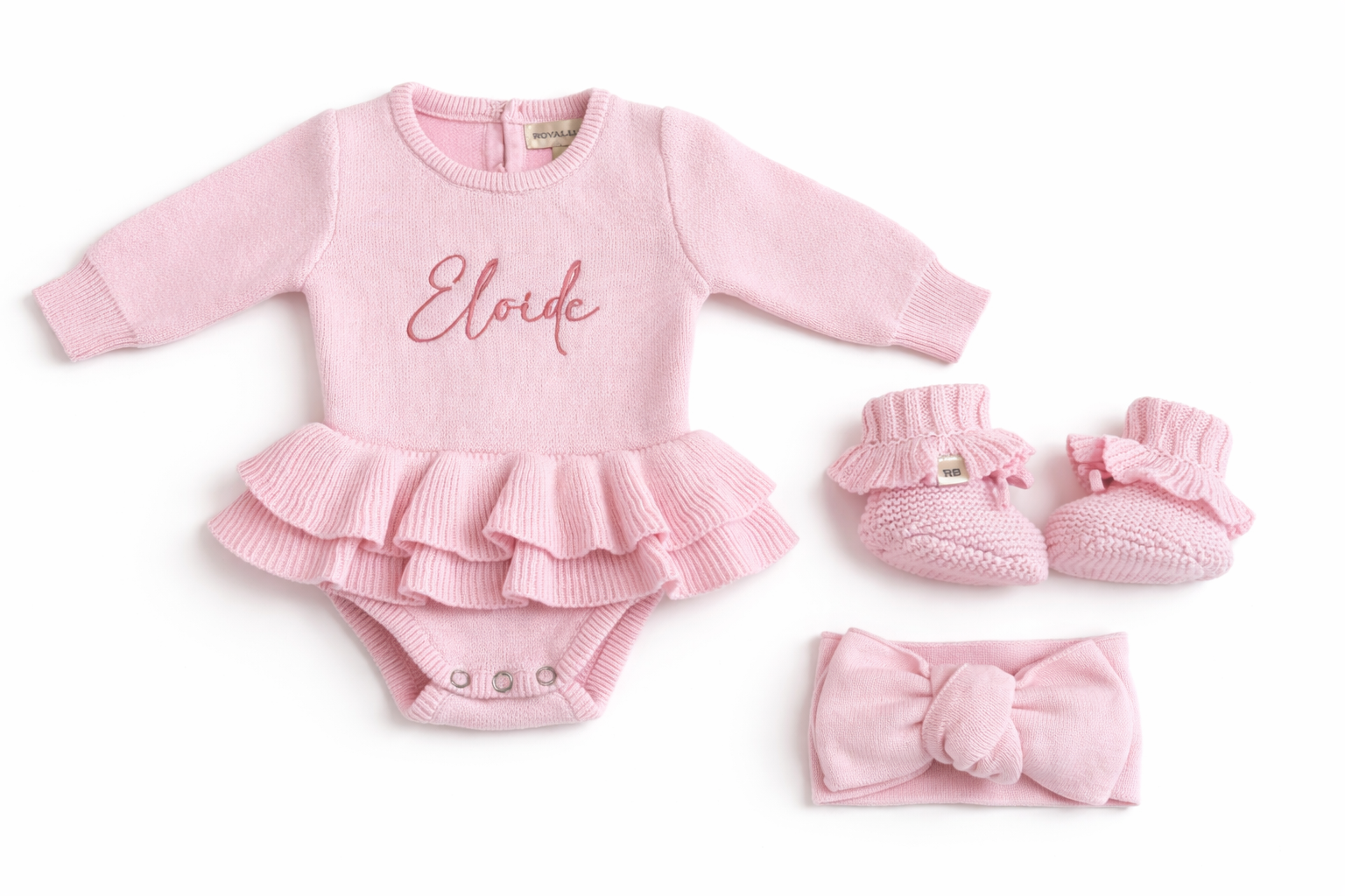 Personalized Petal Pink baby romper (onesie style) with embroidered name for newborn girls
