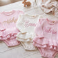 Personalized petal pink Ballerina romper with embroidered name, newborn keepsake outfit