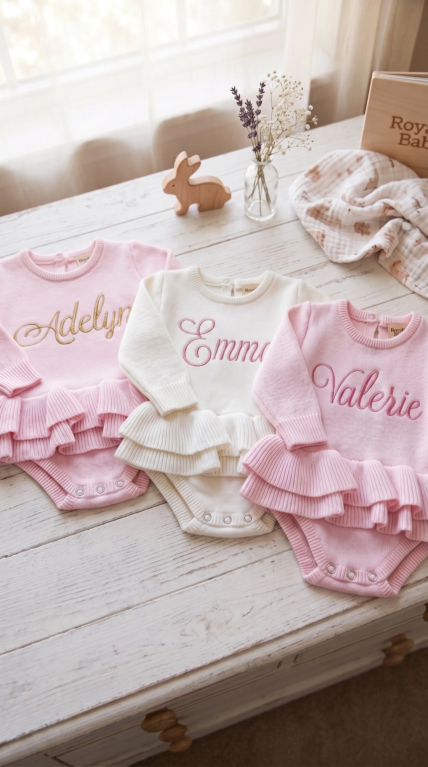 Personalized petal pink Ballerina romper with embroidered name, newborn keepsake outfit