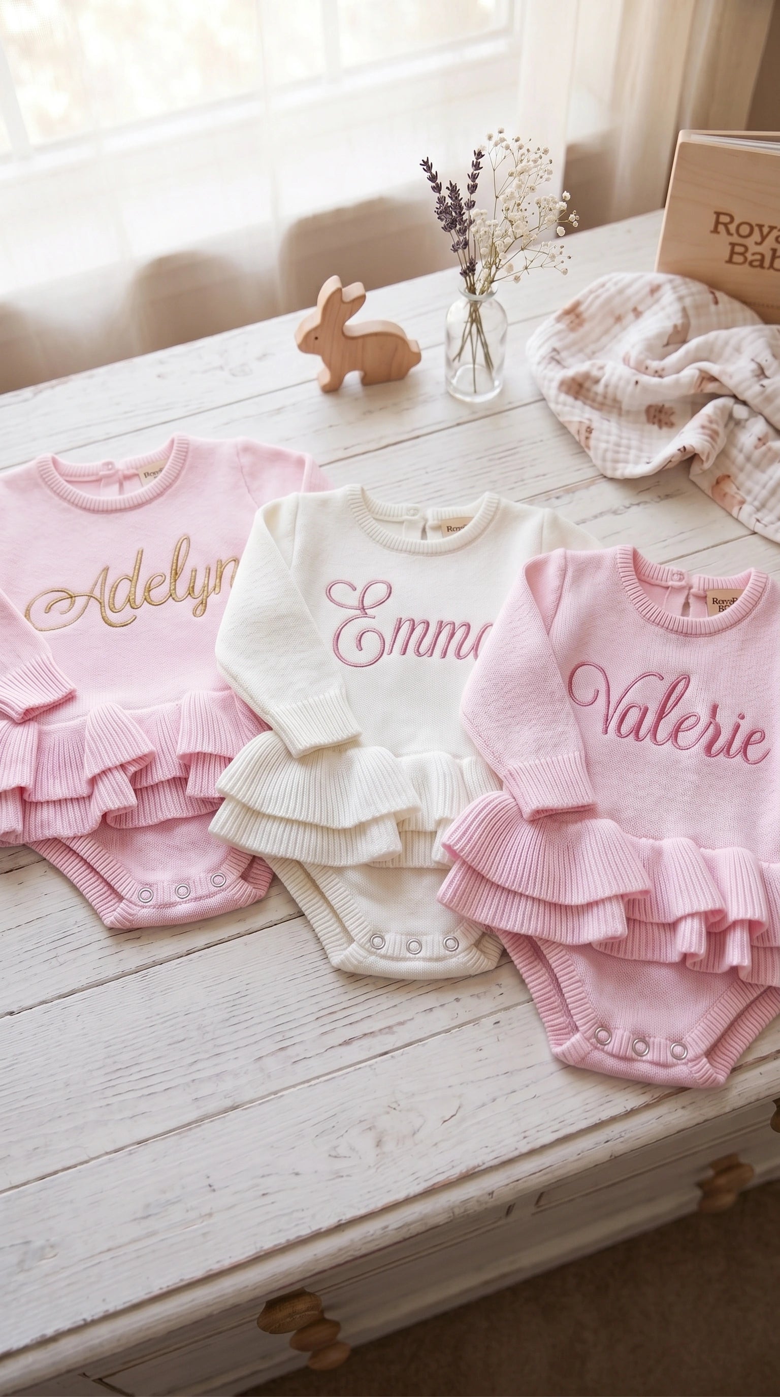 Personalized petal pink Ballerina romper with embroidered name, newborn keepsake outfit