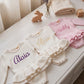 Personalized petal pink Ballerina romper with matching bow and booties, newborn girl outfit