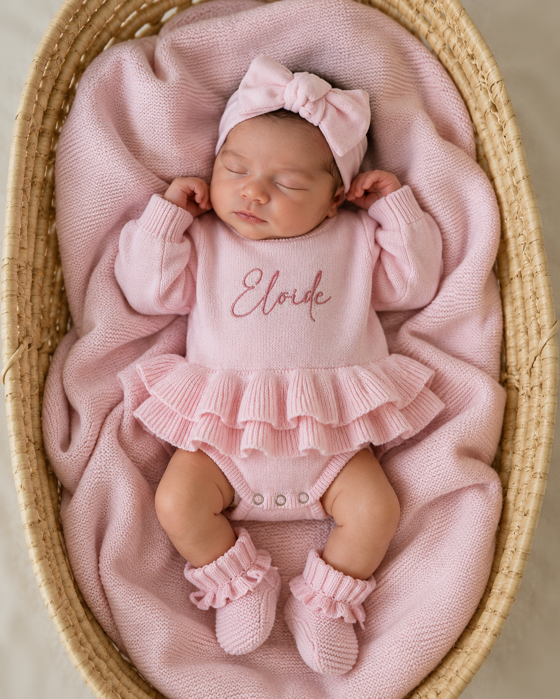 Newborn wearing personalized petal pink Ballerina romper, short style, with embroidered name and matching bow and booties