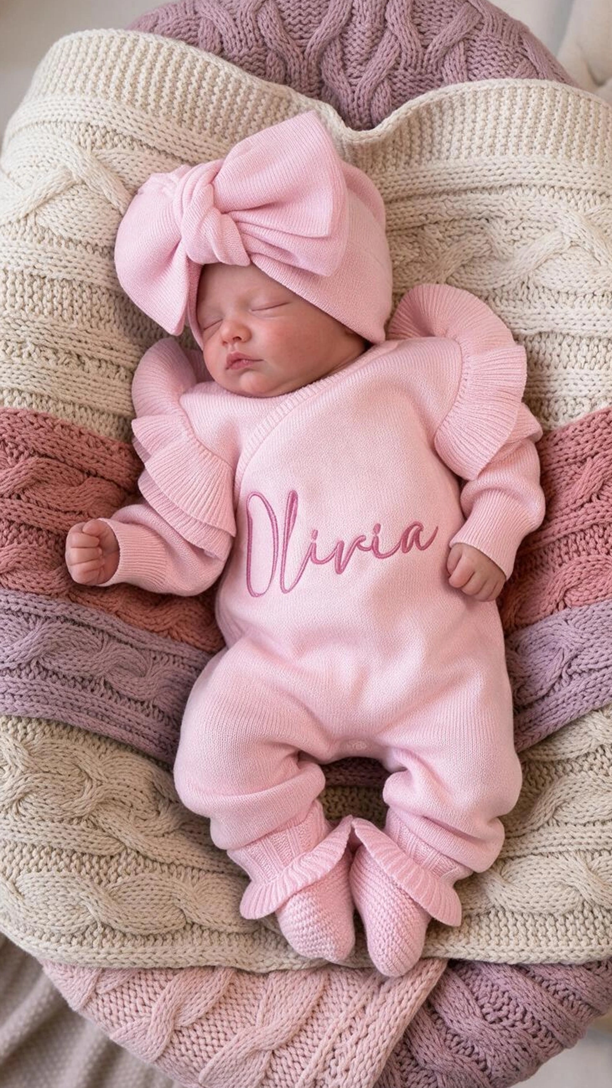 Sleeping newborn wearing the personalized Petal Pink Butterfly long romper with oversized bow and ruffle booties in a woven bassinet.