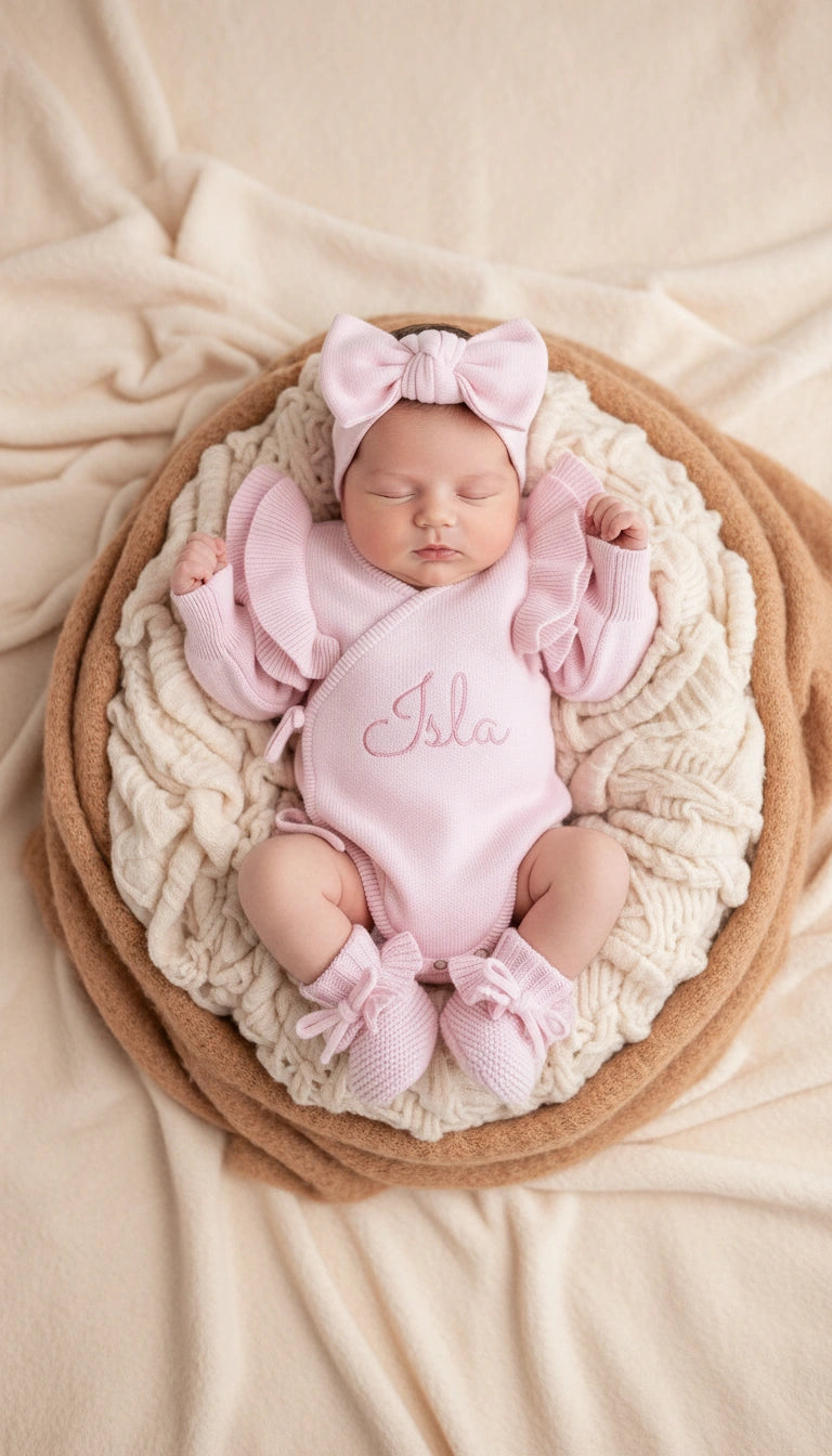 Newborn wearing personalized petal pink Butterfly romper, short style, with embroidered name and matching bow and booties