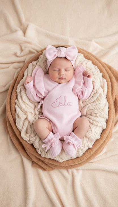 Newborn wearing personalized petal pink Butterfly romper, short style, with embroidered name and matching bow and booties