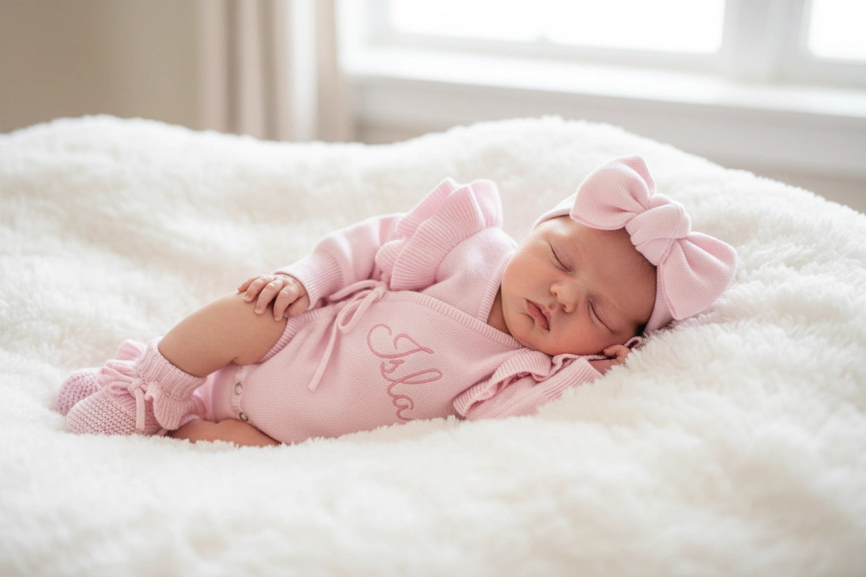 Newborn wearing personalized petal pink Butterfly romper with bow and booties on soft white blanket