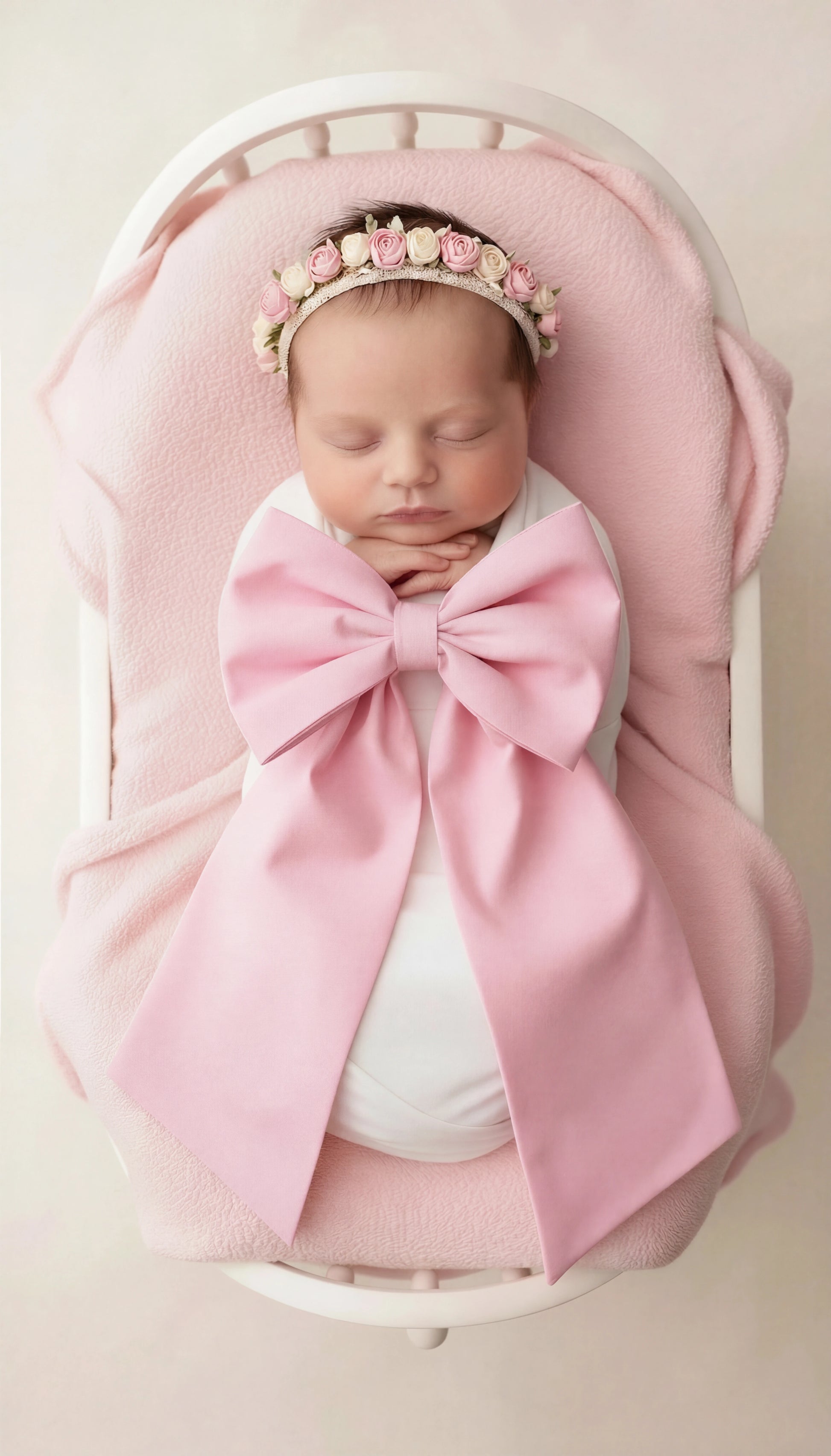 Swaddled newborn baby girl styled with an oversized pink bow sash and floral headband in a white bassinet for hospital announcement photos and luxury coming home photography.