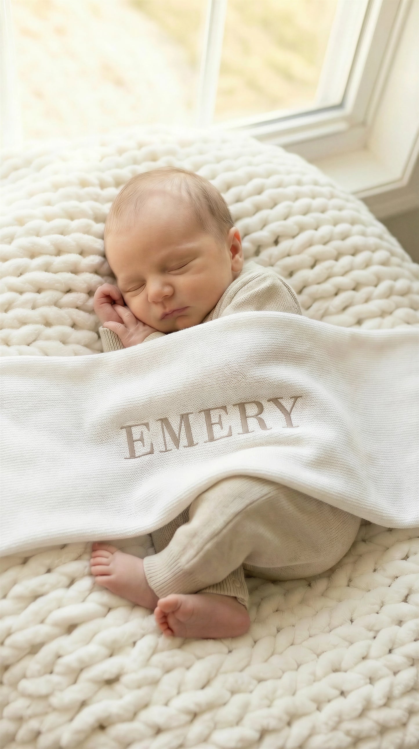 Newborn wearing classic knit wrap romper in soft khaki with personalized embroidery, styled flat lay