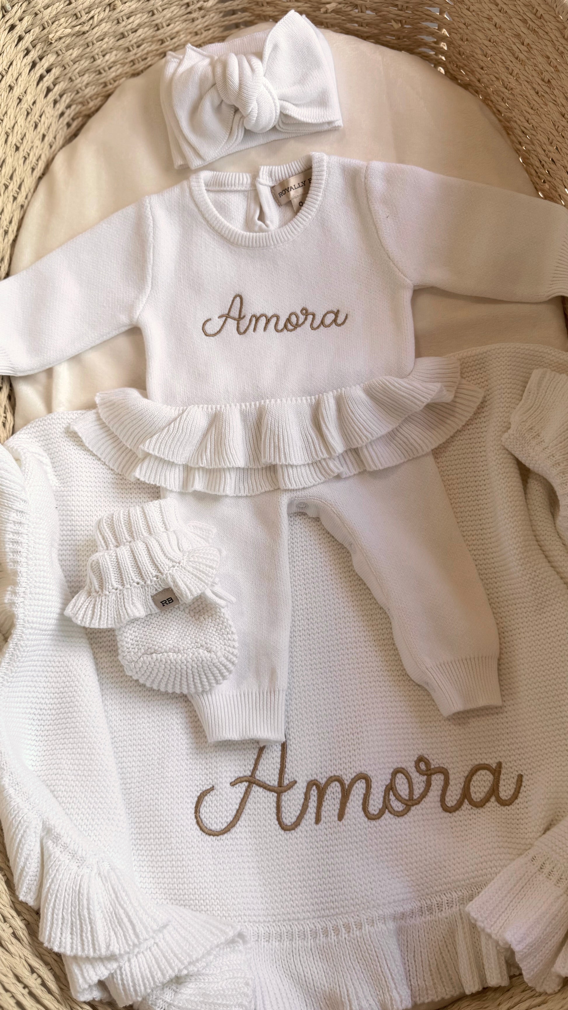 Warm White Ballerina long romper set with personalized romper, oversized bow, ruffle booties, and blanket.