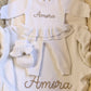 Personalized Warm White Ballerina long romper set with oversized bow, ruffle booties, and knit blanket