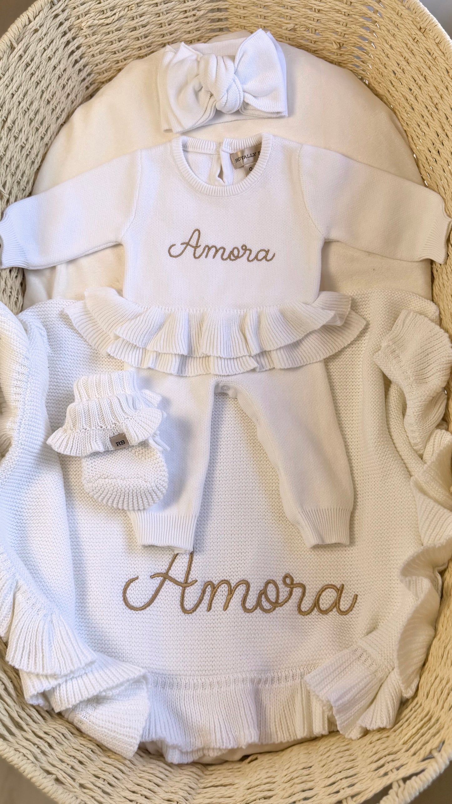 Personalized Warm White Ballerina long romper set with oversized bow, ruffle booties, and knit blanket