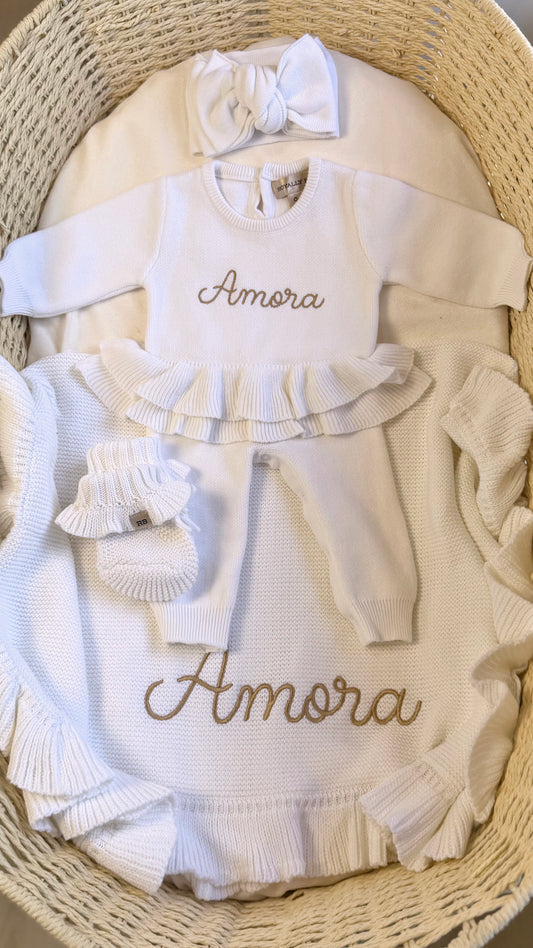 Personalized Warm White Ballerina long romper set with oversized bow, ruffle booties, and knit blanket