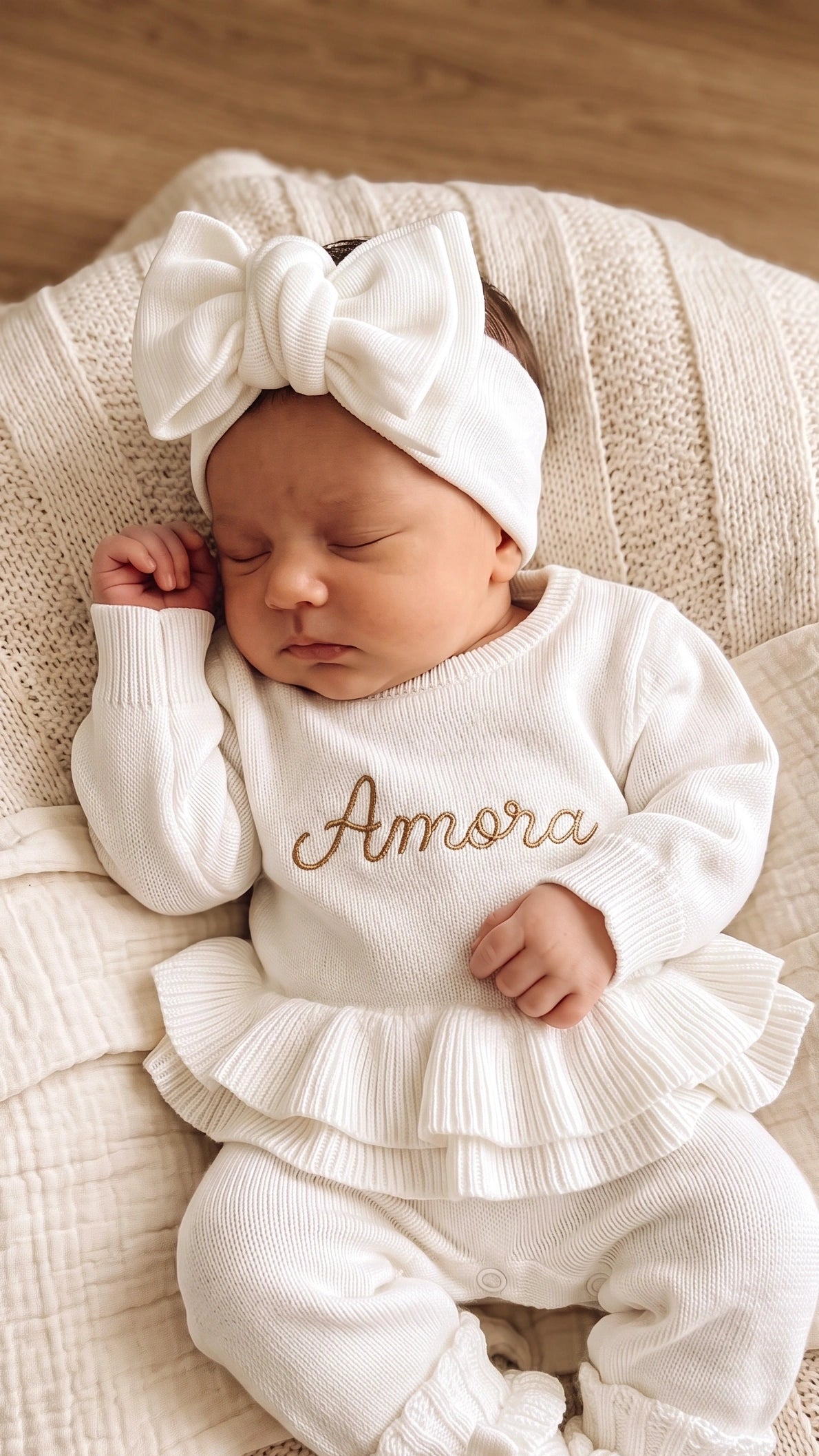 Newborn wearing the personalized Warm White Ballerina long romper with oversized bow on a ruffle knit blanket