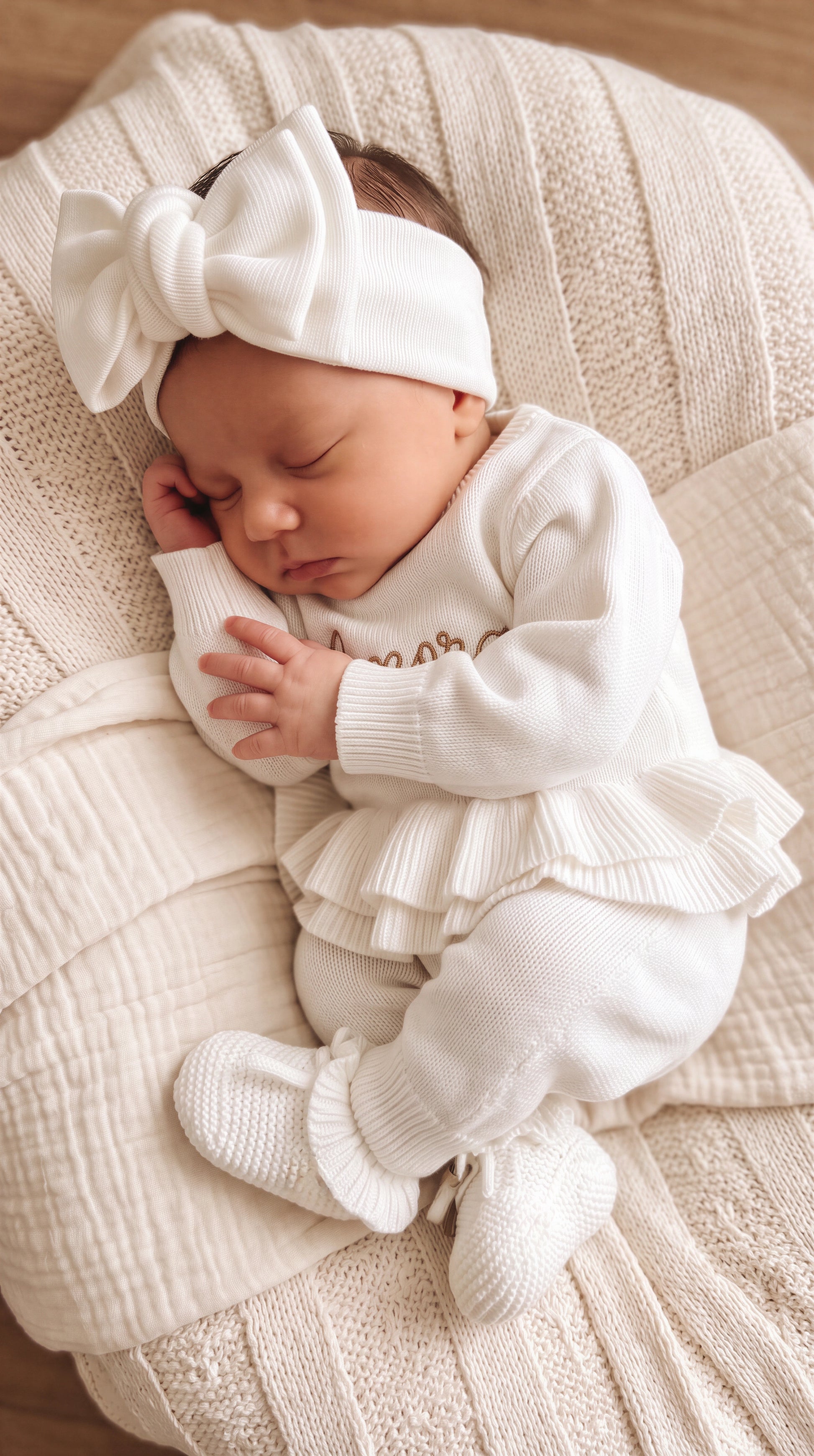 Sleeping newborn in the personalized Warm White Ballerina long romper and matching oversized bow.