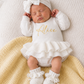 Personalized warm white Ballerina romper with embroidered name, newborn coming home outfit