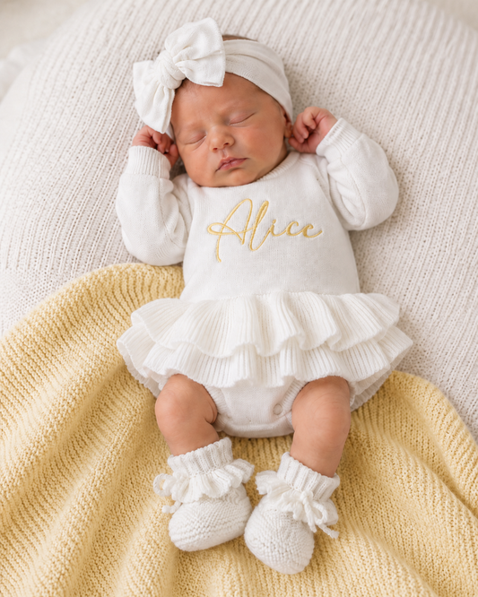Personalized warm white Ballerina romper with embroidered name, newborn coming home outfit