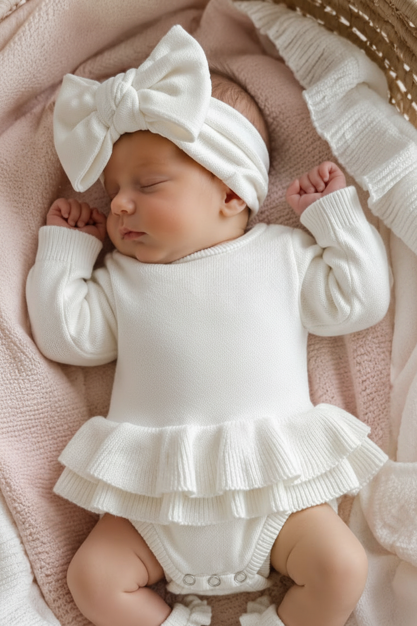Newborn wearing personalized warm white Ballerina romper with matching bow and booties