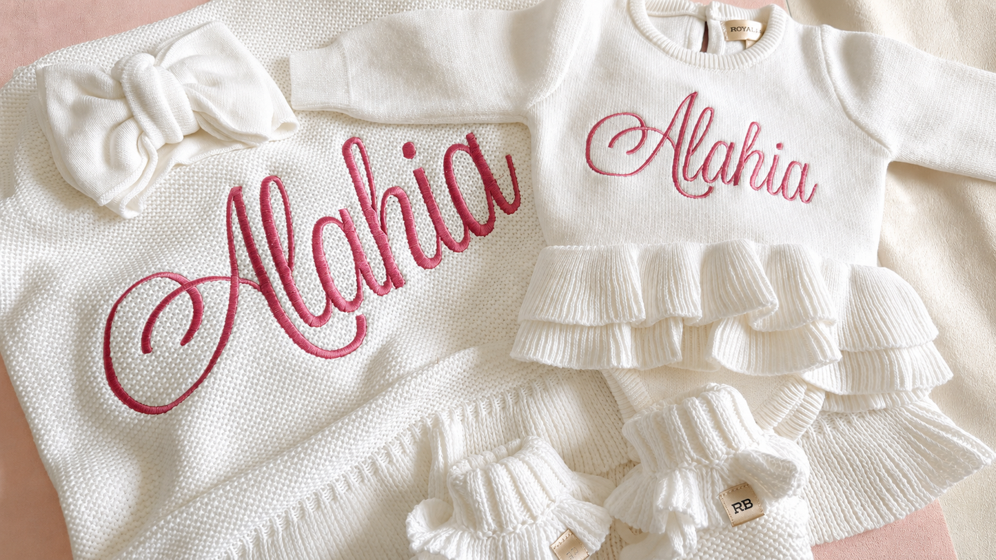 Detail view of personalized warm white Ballerina romper for newborn keepsake outfit