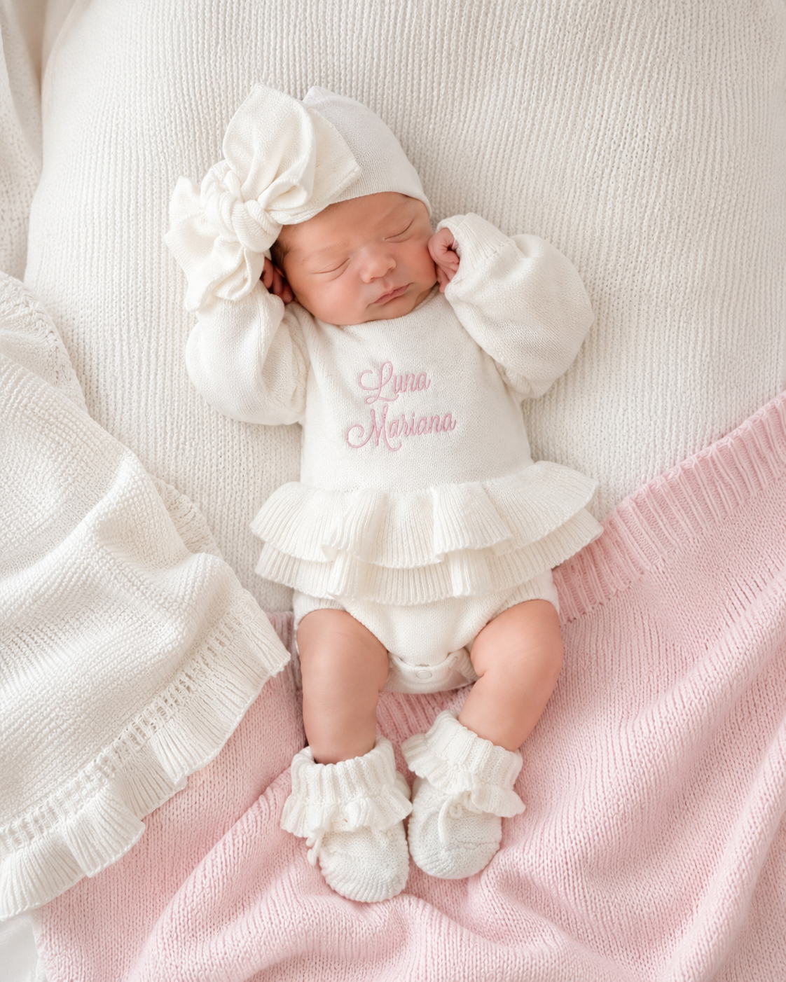 Newborn wearing personalized warm white Ballerina romper, short style, with embroidered name and matching bow and booties