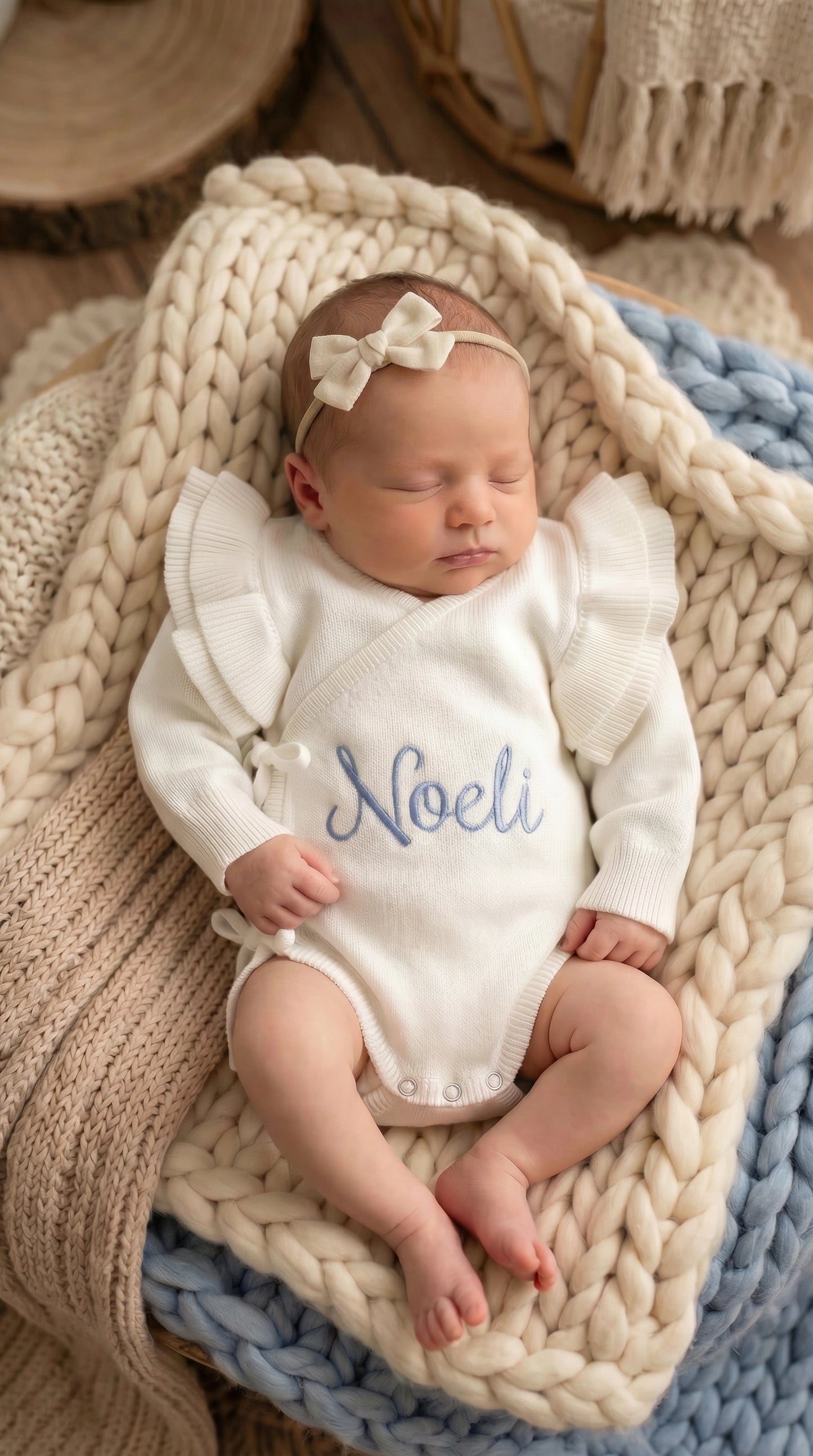 Newborn wearing personalized warm white Butterfly romper with embroidery, lying on knit blanket