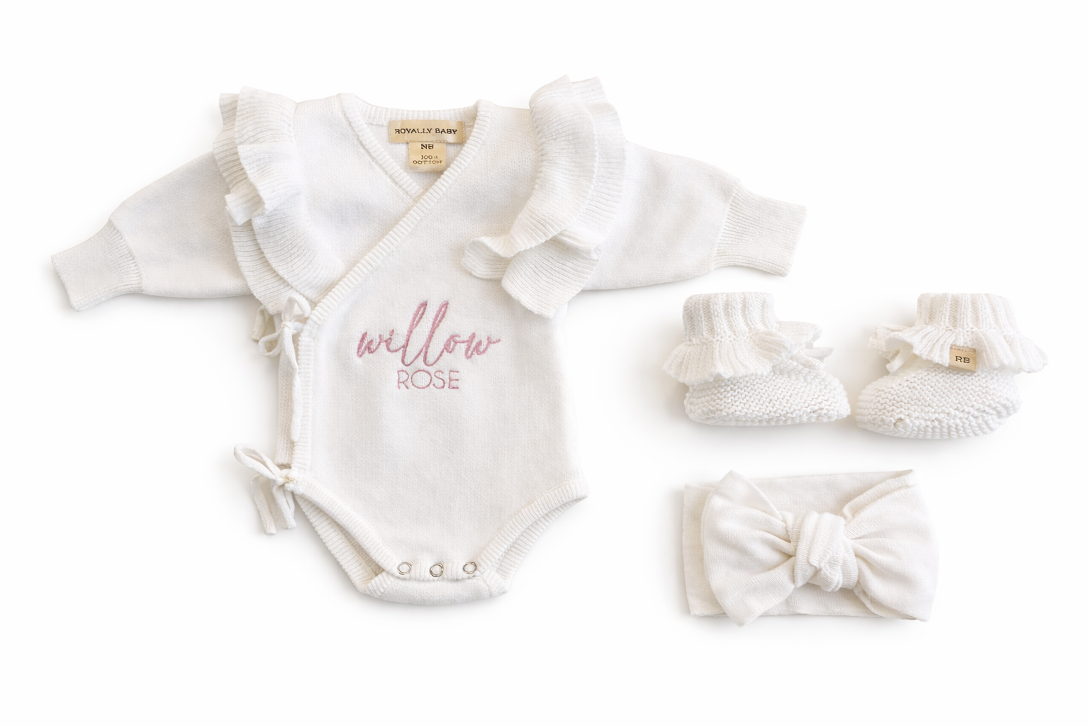 Warm white Butterfly romper set with matching bow and booties, personalized embroidery shown
