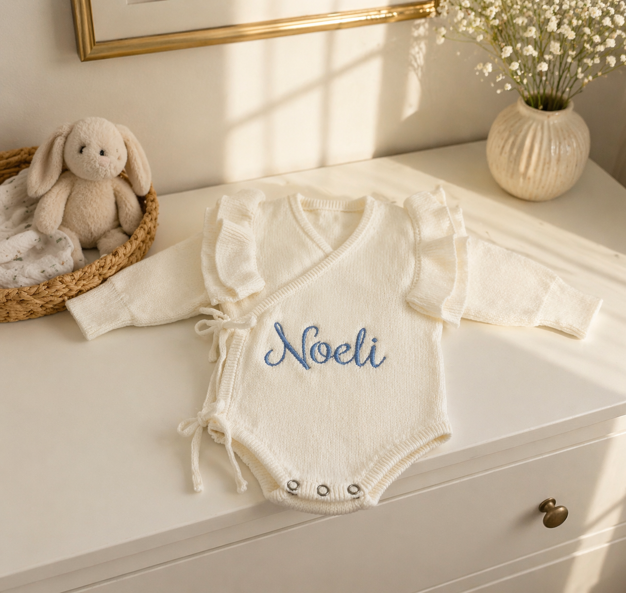Personalized warm white Butterfly romper with embroidery, styled on dresser