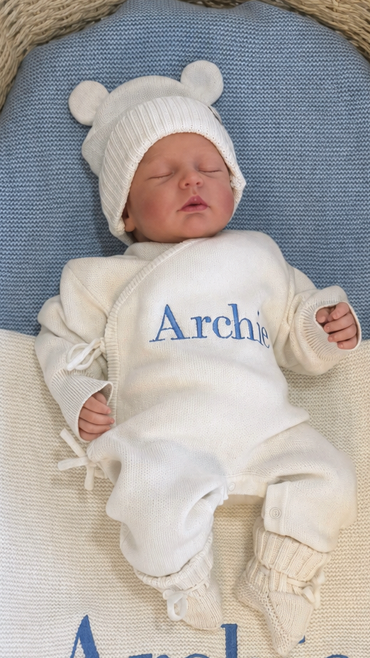 Sleeping newborn wearing the personalized Warm White Kimono long romper with bear-ear knit hat and classic booties, embroidered for their first Christmas.