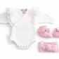 Warm white wrap romper set with petal pink bow and booties, personalized embroidery shown