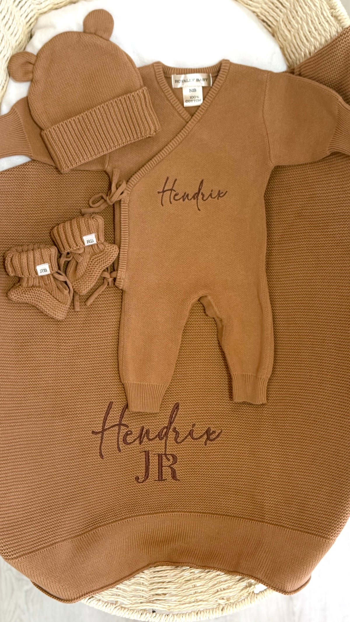 Teddy Brown long-sleeve kimono romper with personalized name embroidery