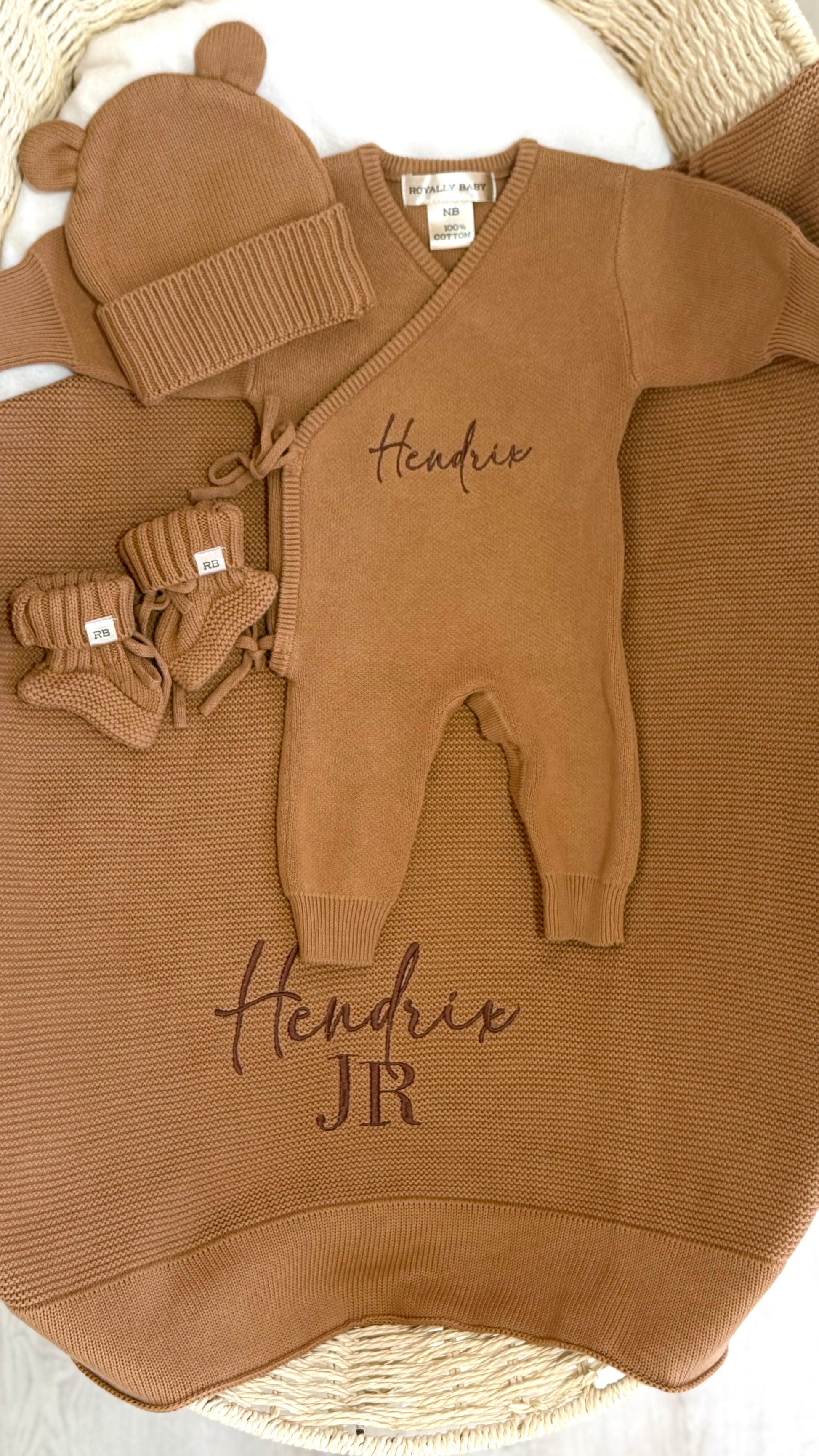 Teddy Brown long-sleeve kimono romper with personalized name embroidery