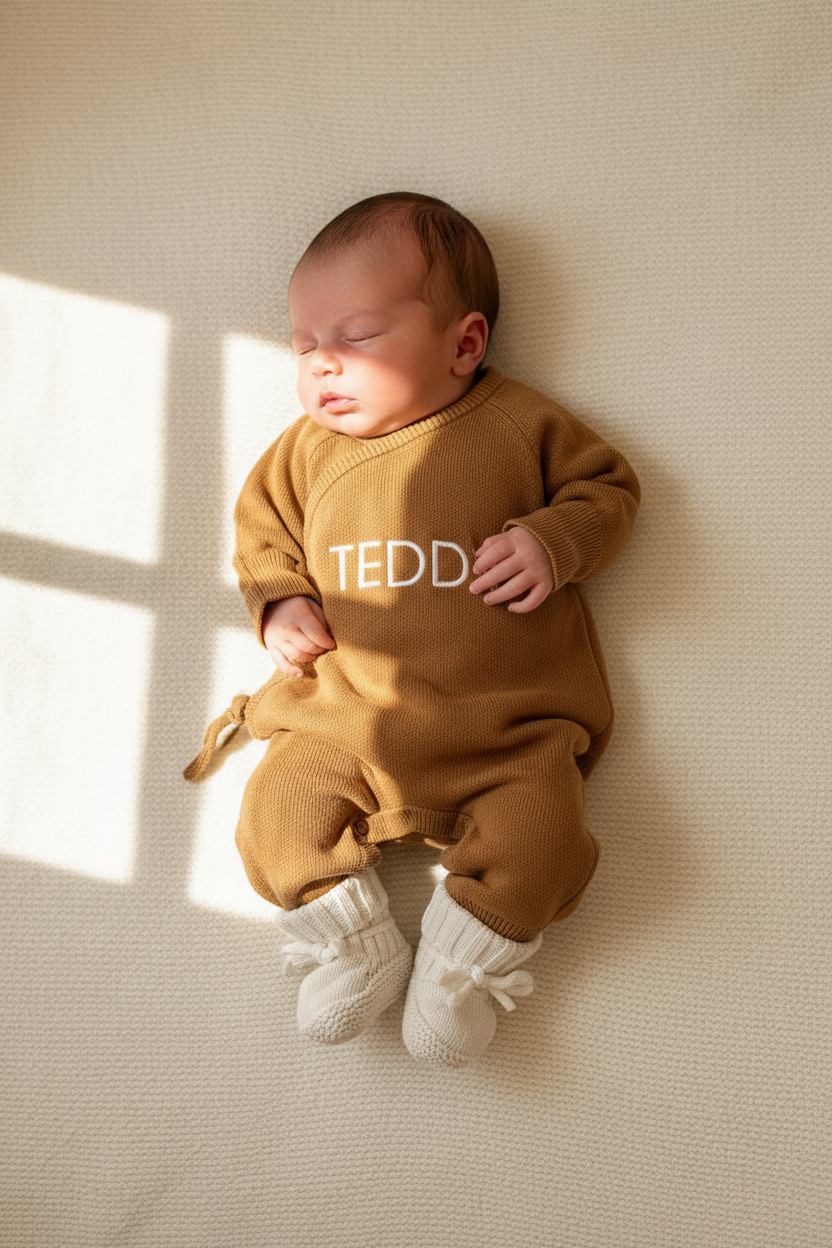 Baby wearing a personalized Teddy Brown knit romper while resting on a soft cream blanket